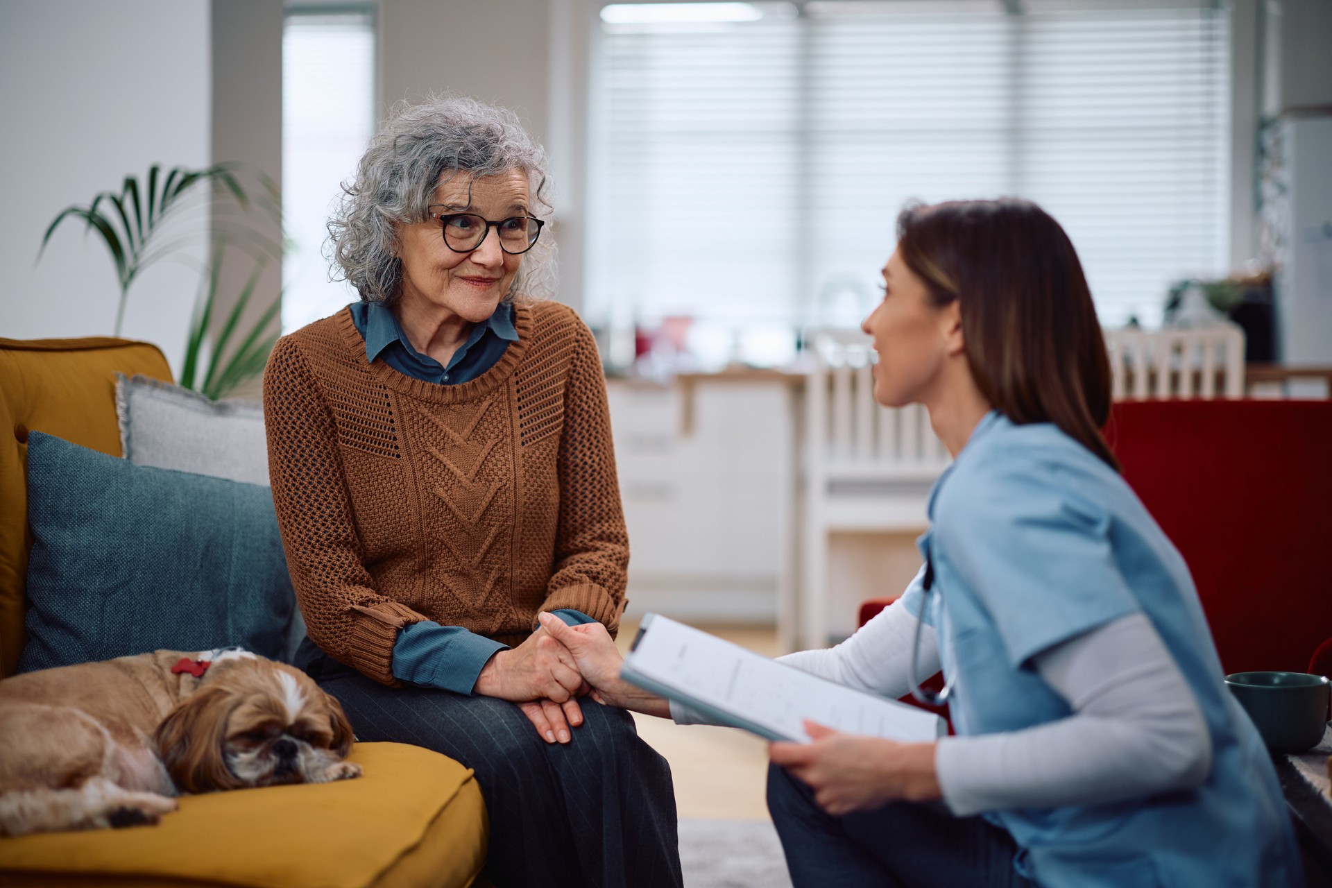 Happy elderly woman enjoying in conversation with visiting nurse at home.